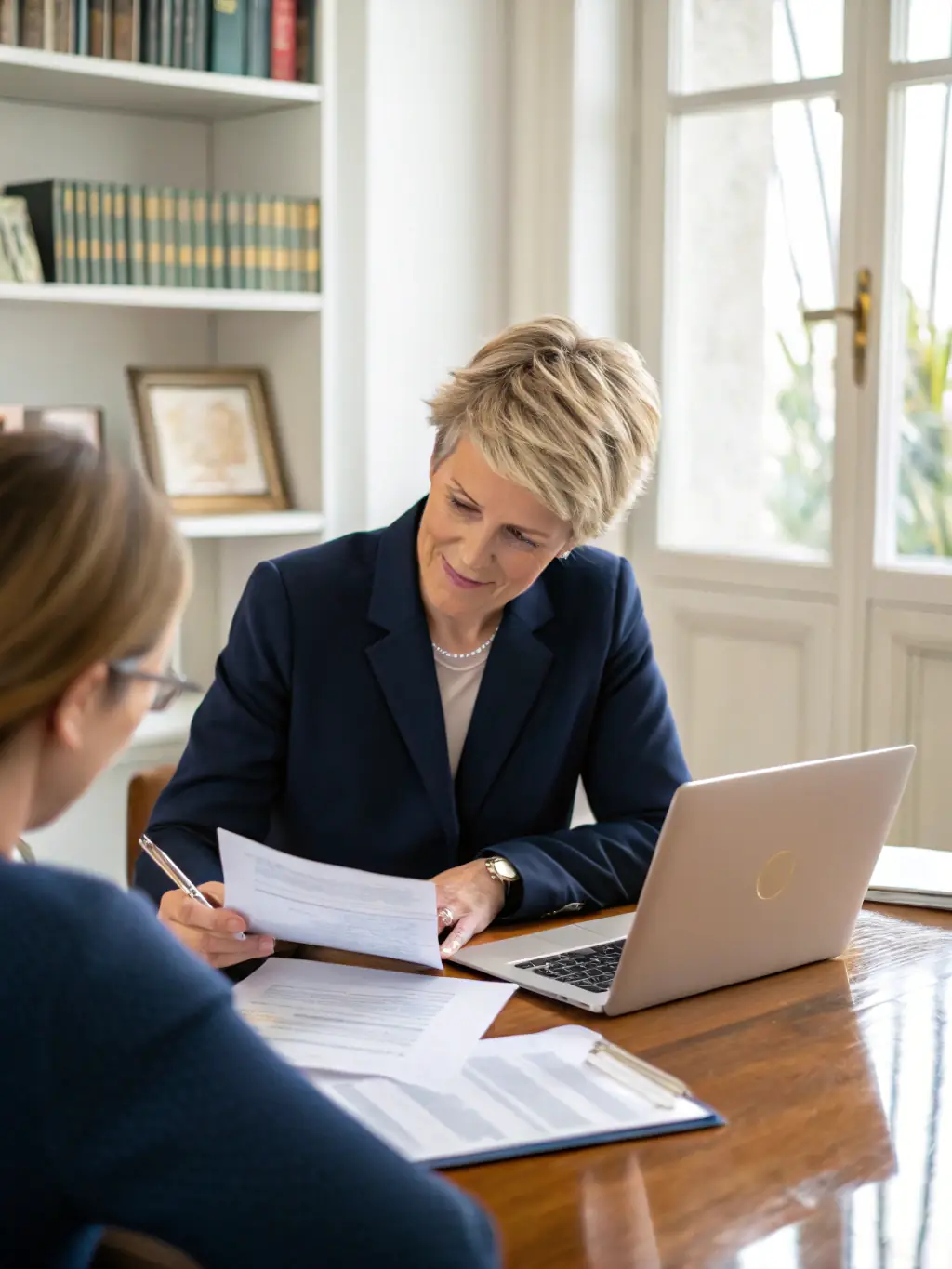 An advisor assisting a client with the necessary documents for their mortgage application, ensuring all paperwork is correctly filled out and submitted.