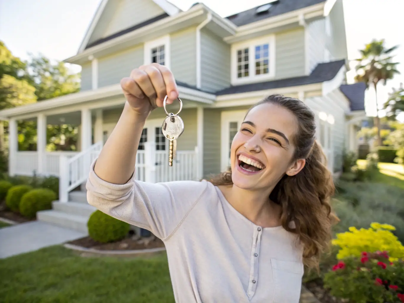 An image showing a person happily receiving keys to a new home, symbolizing the joy of homeownership achieved through SzybkieHipo.pl's services.