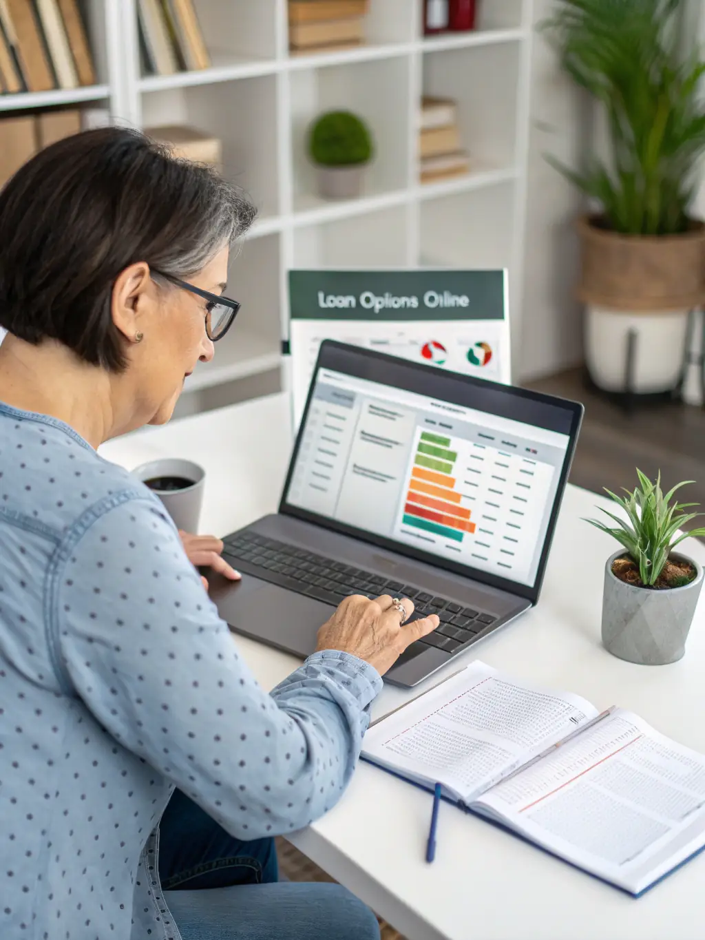 A person using a laptop to compare mortgage offers on SzybkieHipo.pl's website, with charts and graphs visible on the screen.