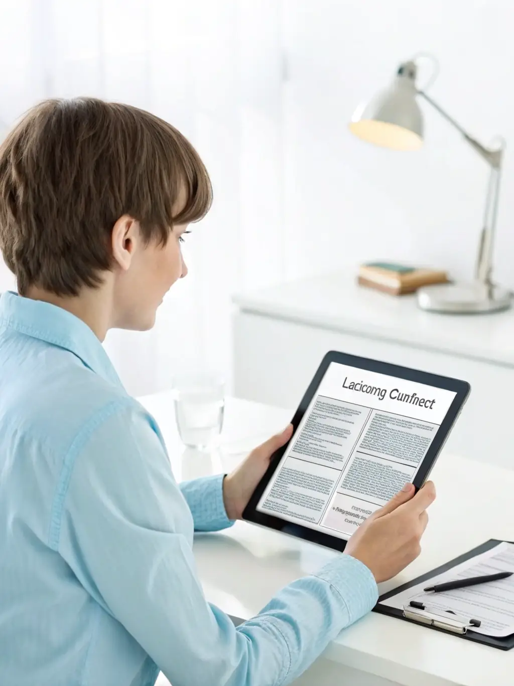 A person looking thoughtfully at two different mortgage offers displayed on a tablet, with a calculator and pen nearby, symbolizing careful comparison.