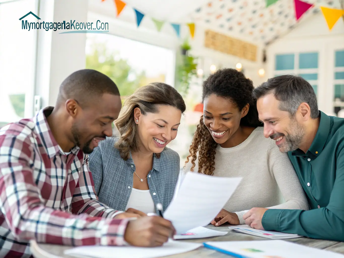 An image depicting a diverse group of people happily gathered around a table, reviewing mortgage documents and celebrating their new home purchase.