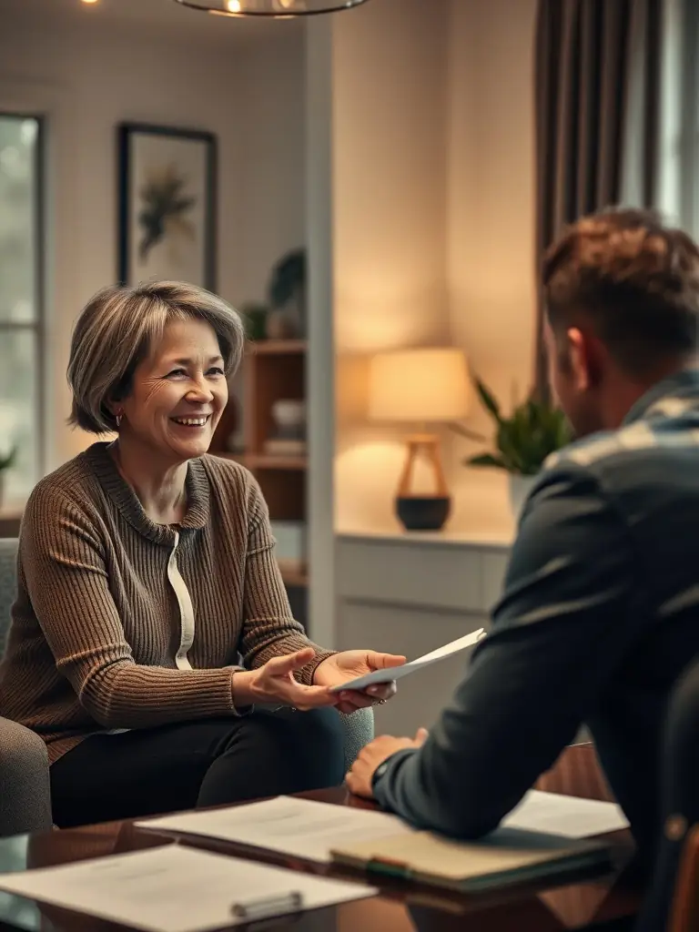 A friendly advisor helping a client fill out a mortgage application form at a modern desk with a laptop, symbolizing the initial consultation phase.