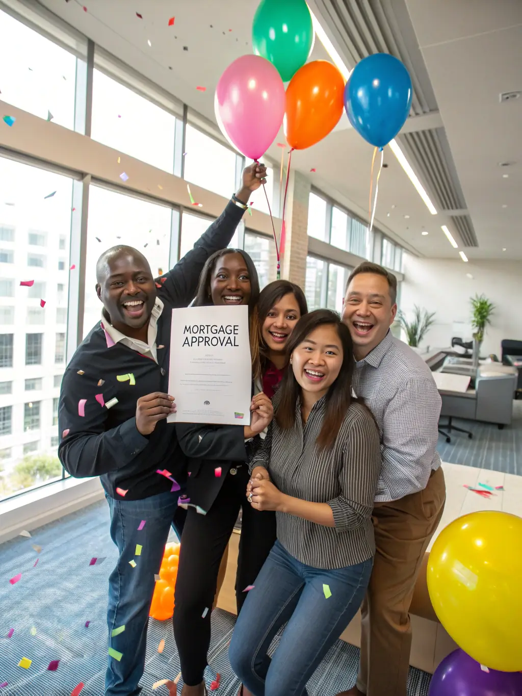 A diverse group of people celebrating, symbolizing the joy and relief of finding the perfect mortgage with SzybkieHipo.pl.