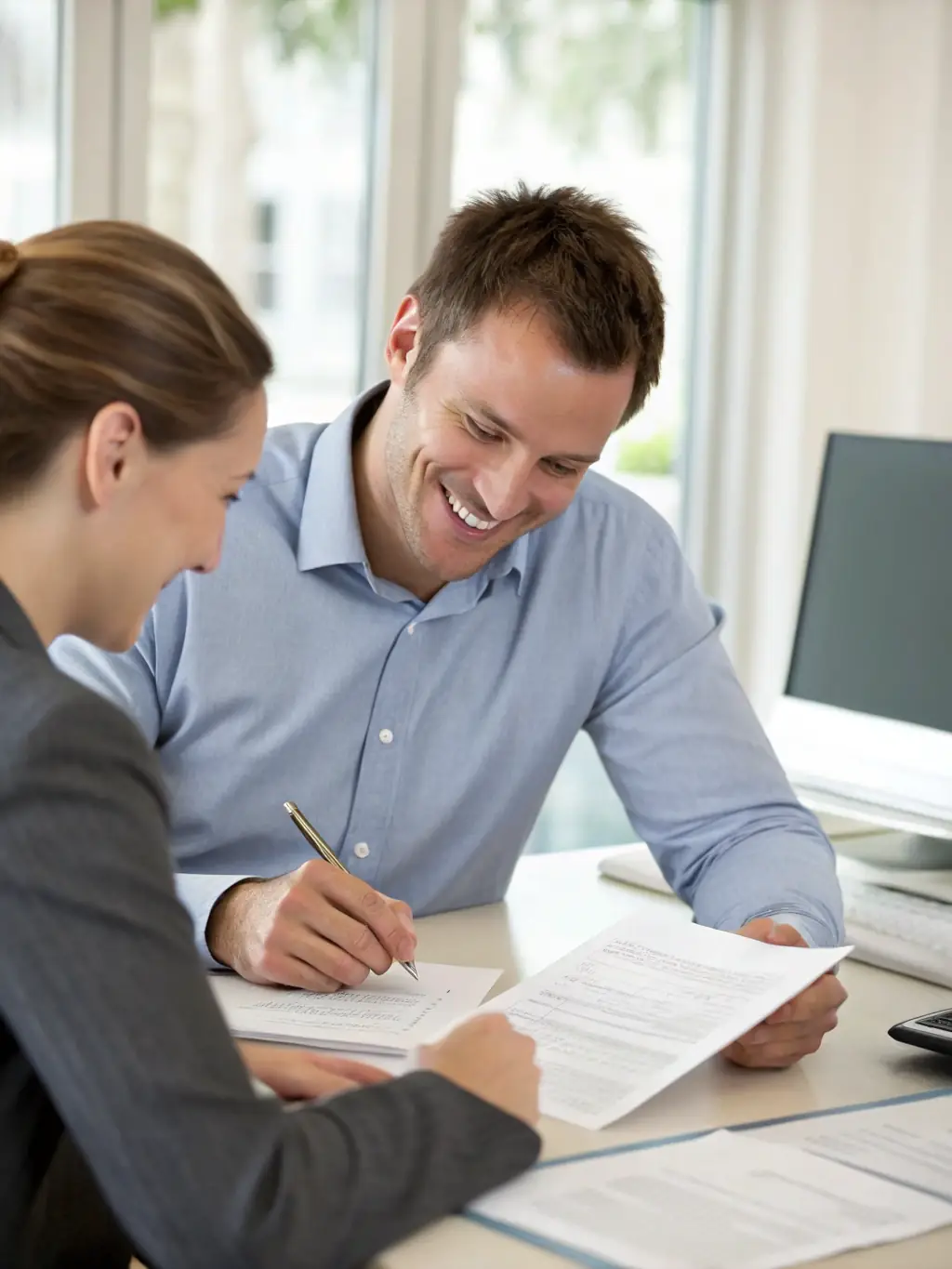 A SzybkieHipo.pl advisor assisting a client with filling out mortgage application forms, with a friendly and supportive demeanor.