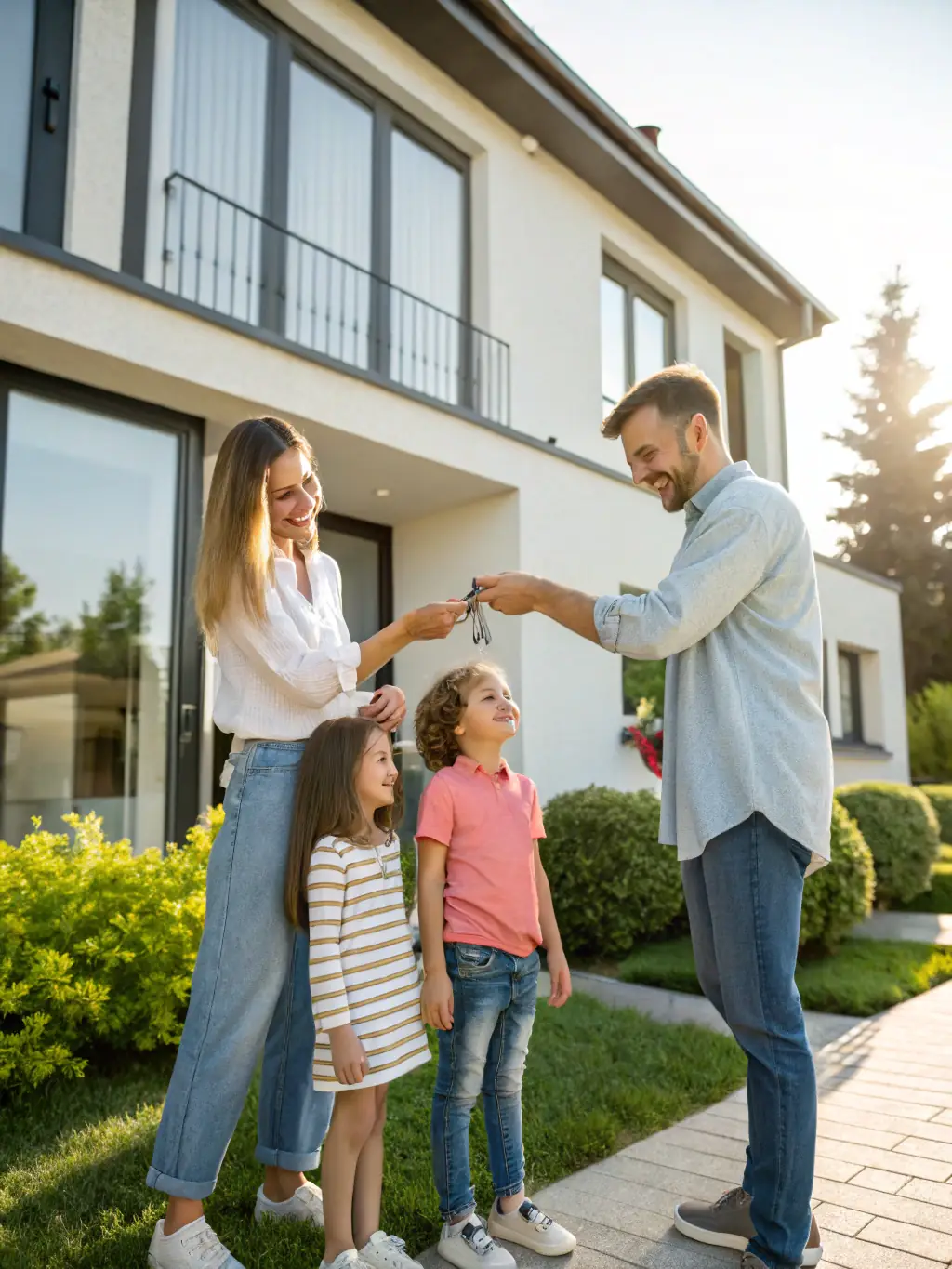A happy family receiving keys to their new home, symbolizing the successful completion of the mortgage process and the joy of homeownership.